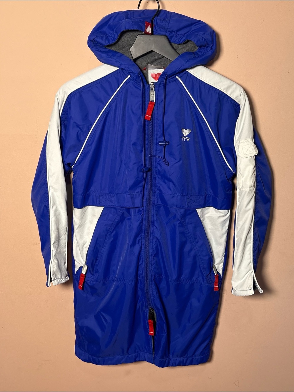 TYR Alliance Swim Parka M Blue White Fleece Lined Hooded Team Coat
